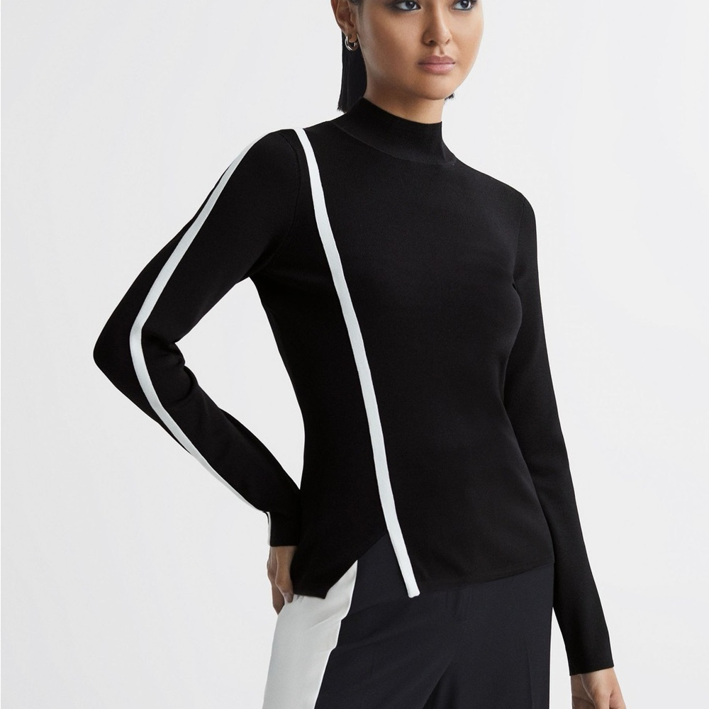 Reiss Anna Contrast Stripe Long‎ Sleeve Top in Black/White size Small